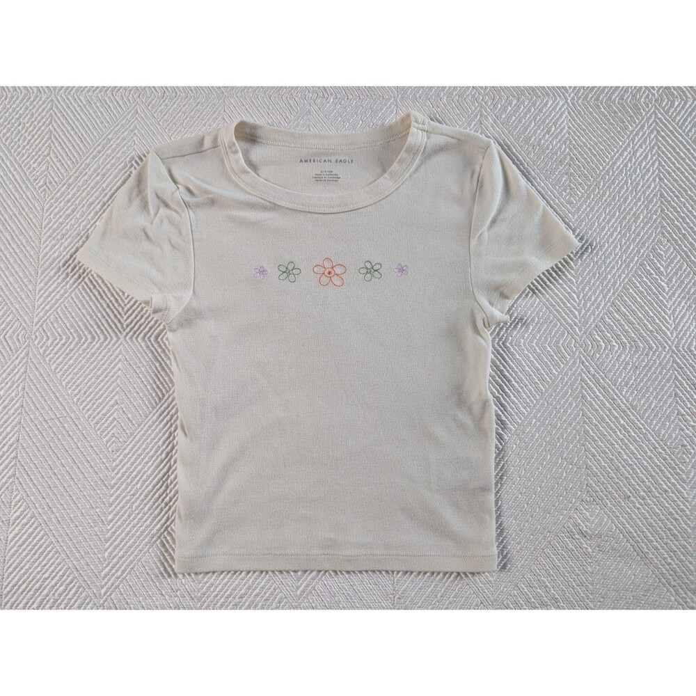 American Eagle Flower Embroidered Fitted T-Shirt Baby Tee Small Yellow